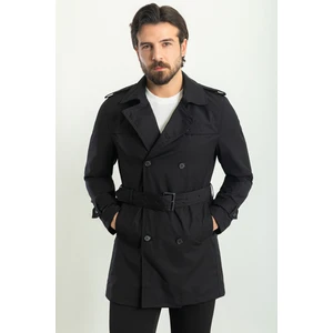 Düz Siyah Renk Slim Fit Kruvaze Kemerli Erkek Trenchcoat