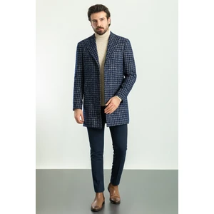 Kareli Lacivert Renk Slim Fit Geniş Yaka Yün Erkek Kaban