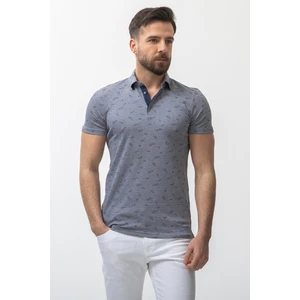 Yaprak Desenli Lacivert Slim Fit Polo Yaka Erkek T-Shirt