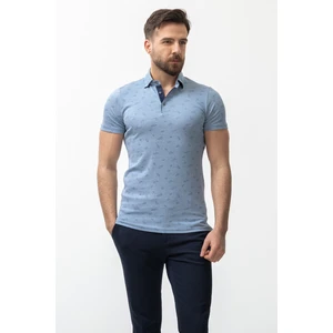 Yaprak Desenli Mavi Slim Fit Polo Yaka Erkek T-Shirt