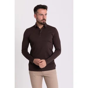 Düz Kahverengi Slim Fit Uzun Kollu Polo Yaka Erkek T-Shirt