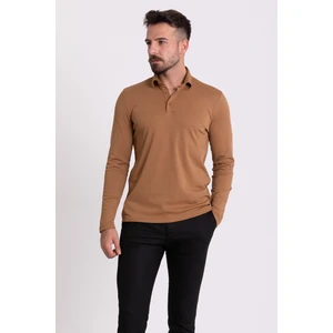 Düz Kamel Rengi Slim Fit Uzun Kollu Polo Yaka Erkek T-shirt