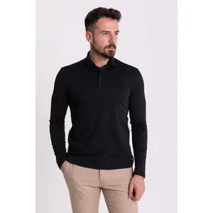 Düz Siyah Renk Slim Fit Uzun Kollu Polo Yaka Erkek T-Shirt