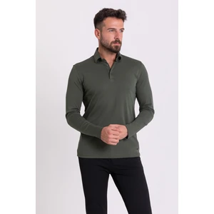Düz Haki Rengi Slim Fit Uzun Kollu Polo Yaka Erkek T-Shirt