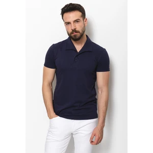 Desenli Lacivert Renk Slim Fit Apaç Yaka Keten Erkek T-Shirt