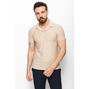 Desenli Bej Rengi Slim Fit Apaç Yaka Erkek T-Shirt