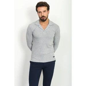 Desenli Gri Renk Slim Fit Apaç Yaka Uzun Kollu Erkek T-Shirt