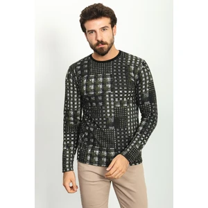 Desenli Haki Rengi Slim Fit Bisiklet Yaka Uzun Kollu Erkek T-Shirt