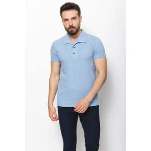Desenli Mavi Renk Slim Fit Apaç Yaka Keten Erkek T-Shirt