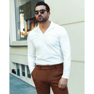 Desenli Beyaz Renk Slim Fit Apaç Yaka Uzun Kollu Erkek T-Shirt