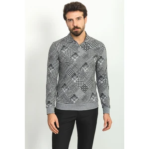Desenli Siyah Renk Slim Fit Polo Yaka Uzun Kollu Erkek T-Shirt