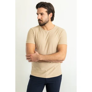Desenli Bej Rengi Slim Fit Bisiklet Yaka Erkek T-Shirt