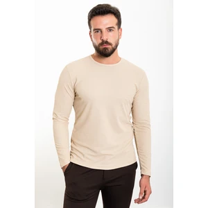 Düz Bej Slim Fit Bisiklet Yaka Uzun Kollu Erkek T-Shirt