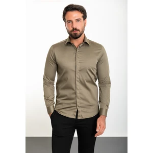 Düz Haki Rengi Slim Fit Polikort Yaka Klasik Erkek Gömlek