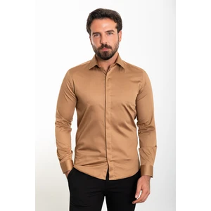 Düz Kamel Rengi Slim Fit Polikort Yaka Klasik Erkek Gömlek