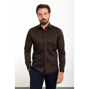 Düz Kahverengi Slim Fit Polikort Yaka Klasik Erkek Gömlek