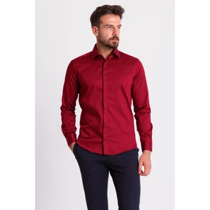 Düz Bordo Renk Slim Fit Polikort Yaka Klasik Erkek Gömlek