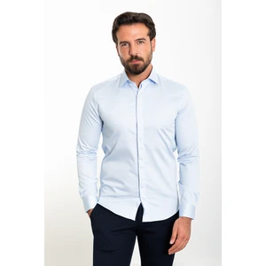 Düz Mavi Renk Slim Fit Polikort Yaka Klasik Erkek Gömlek