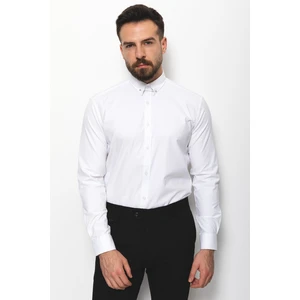 Desenli Beyaz Renk Slim Fit Yaka İğneli Klasik Erkek Gömlek