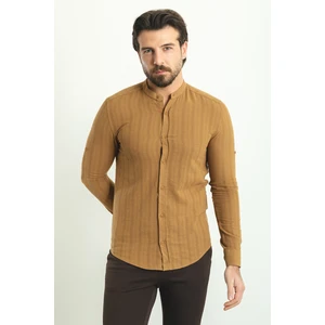 Çizgi Desenli Kamel Rengi Slim Fit Hakim Yaka Uzun Kollu Erkek Gömlek