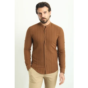 Çizgi Desenli Açık Kahverengi Slim Fit Hakim Yaka Uzun Kollu Erkek Gömlek