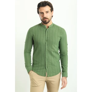 Çizgi Desenli Yeşil Rengi Slim Fit Hakim Yaka Uzun Kollu Erkek Gömlek