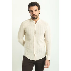 Çizgi Desenli Ekru Rengi Slim Fit Hakim Yaka Uzun Kollu Erkek Gömlek