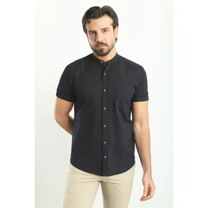 Kırçıllı Siyah Renk Slim Fit Hakim Yaka Kısa Kollu Keten Erkek Gömlek