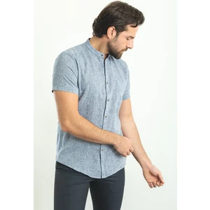 Kırçıllı Açık Lacivert Slim Fit Hakim Yaka Kısa Kollu Keten Erkek Gömlek