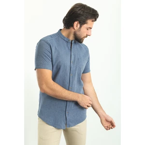 Kırçıllı Koyu Lacivert Slim Fit Hakim Yaka Kısa Kollu Keten Erkek Gömlek