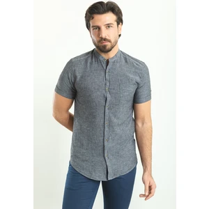 Kırçıllı Antrasit Rengi Slim Fit Hakim Yaka Kısa Kollu Keten Erkek Gömlek