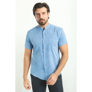 Kırçıllı Saks Rengi Slim Fit Hakim Yaka Kısa Kollu Keten Erkek Gömlek