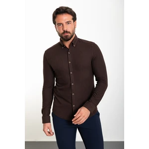 Çizgili Kahverengi Slim Fit Erkek Gömlek
