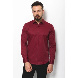 Düz Bordo Rengi Slim Fit Saten Klasik Erkek Gömlek