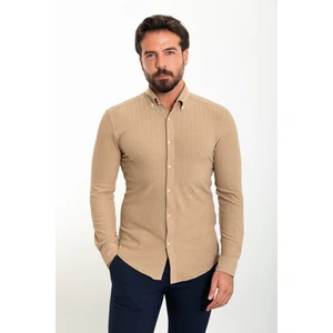 Çizgili Kamel Rengi Slim Fit Erkek Gömlek