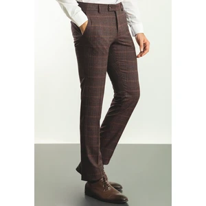 Ekoseli Bordo Rengi Slim Fit Klasik Yün Erkek Pantolon