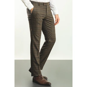 Ekoseli Kahverengi Slim Fit Klasik Yün Erkek Pantolon
