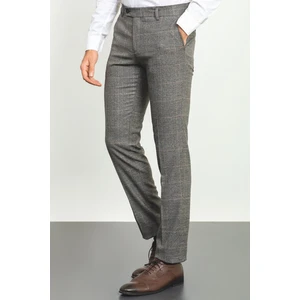 Ekoseli Bej Rengi Slim Fit Klasik Yün Erkek Pantolon