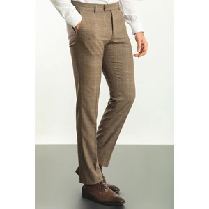 Ekoseli Bej Rengi Slim Fit Klasik Yün Erkek Pantolon