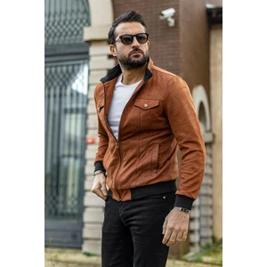Düz Kamel Slim Fit Hakim Yaka Süet Erkek Mont