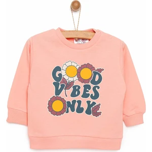 Basic Az Şardonlu Çiçekli Yazı Desenli Sweatshirt Kız Bebek