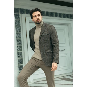 Desenli Haki Rengi Slim Fit Mono Yaka Yün Erkek Ceket