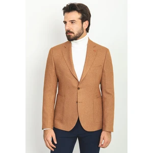 Desenli Kamel Rengi Torba Cep Slim Fit Yün Erkek Ceket
