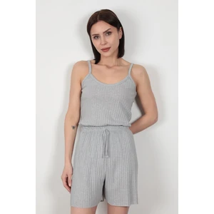 Gri İp Askılı Şortlu Kaşkorse Kadın Pijama Takımı Pamuk Karışımlı Kumaş - 6015