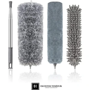 Teleskopik 3 Başlıklı Mikrofiber Mop Toz Alma Püskülü Çok Fonksiyonlu Temizlik Seti
