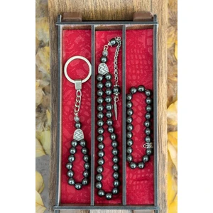 Ahşap Kutuda Tesbih Bileklik ve Anahtarlık Hematit Taşı Seti