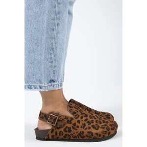 Holly 2 Leopar Kadın Deri Hakiki Deri Kemerli Tokalı Sabo Taba Sandalet