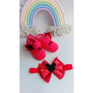 Vavbaby Polka Miki Puantiyeli Kız Bebek Bandana ve Ayakkabı 0-6 Ay Şirin Sevimli Rahat Yumuşak Taban