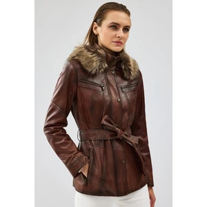 Rebecca Kadın Kahverengi Kapüşonlu Kürklü Deri Ceket 24WGE5209NC