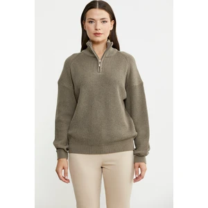 Yarım Balıkçı Yaka  Fermuarlı Yün Triko Kazak - Sütlü Kahve